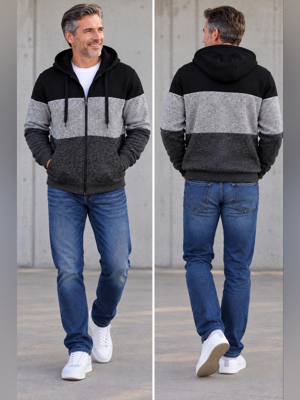 Men's NWOT Black and Gray Colorblock Thick Sherpa Lined Zip Hoodie